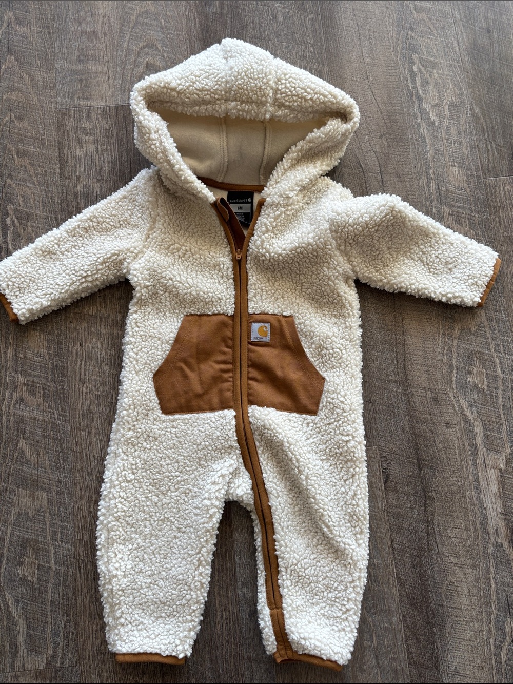 Carhartt Cream Sherpa Hooded Infant One-Piece with Brown Pocket Trim